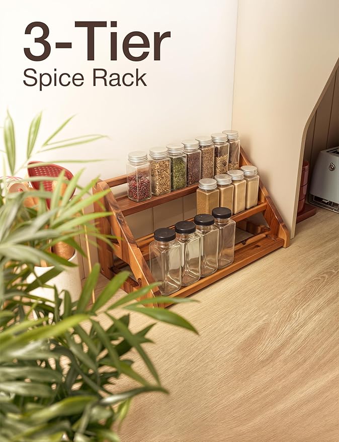 Tinamo Acacia Wood Spice Rack for Countertop - Wooden Tray Holds 24 Jars Spice Racks Organizer for Storage Shelf - 3 Tiered Spice Rack Organizer for Cabinet - Spice Shelf for Kitchen Pantry (Acacia)