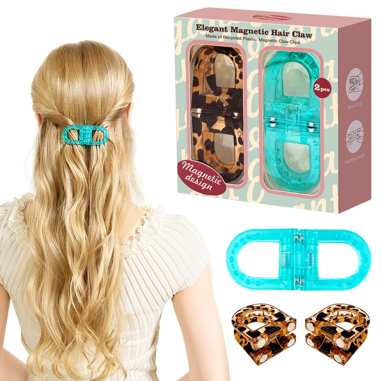 RCZETC Magnetic Hair Clips 2-Pack | Hair Clips for Styling & Thick Hair | Claw Clips & Barrettes for Women | Strong Hold Non-Slip No-Crease Hair Barrettes（Leopard Print + Blue）