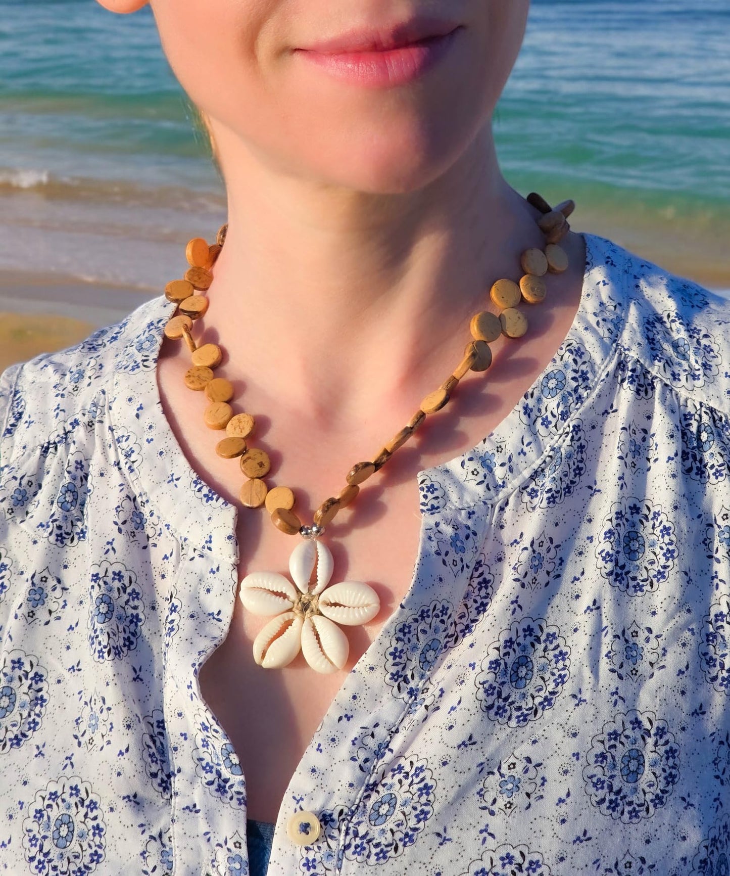 BlueRica Cowrie Shells Flower on Tan Coconut Shell Disc Beads Necklace