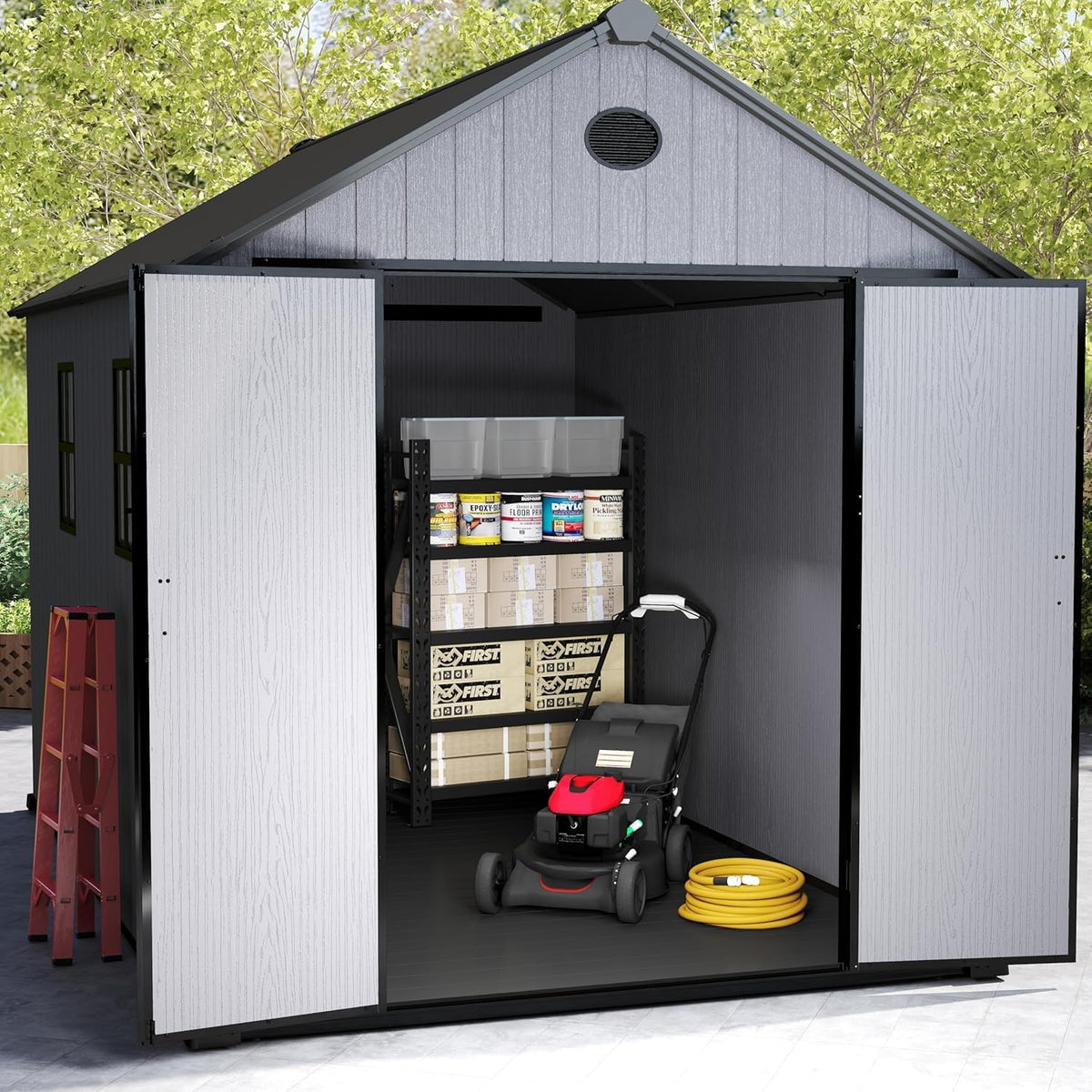 7.3 x 12 FT Shed Resin Outdoor Storage with Floor, 566 cuft Plastic Shed with Window and Lockable Door for Garden, Backyard, with Wood Texture, Grey