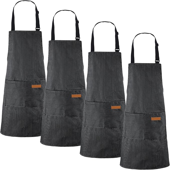 Handepo 4 Pcs Kitchen Aprons with Pockets Adjustable Waterproof Cotton Aprons Striped Apron for Women Men Chef Mother Gift