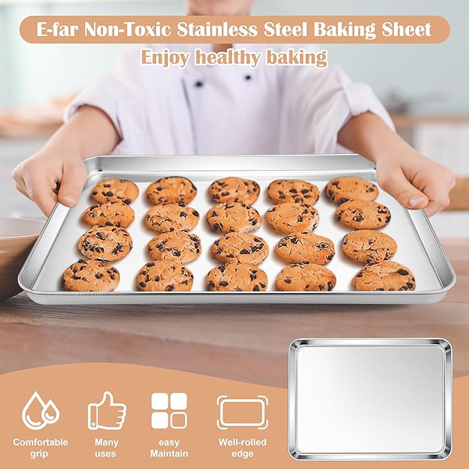 E-far Baking Sheets Set of 4, 16” x12” x 1” Stainless Steel Cookie Sheets Pans for Oven, Non-toxic Metal Trays for Baking Cake Cookie, Healthy & Rust Free, Mirror Finish & Dishwasher Safe