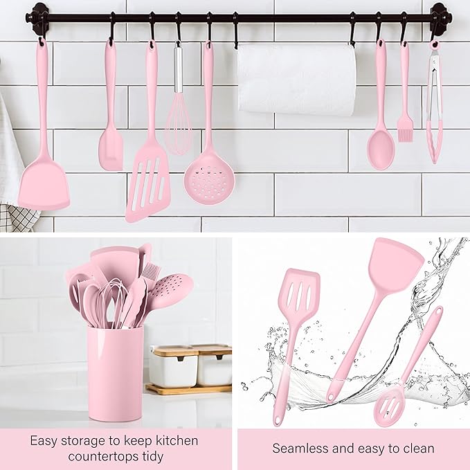 HaWare 11 PCS Silicone Cooking Utensils Set, Heat Resistant Kitchen Utensils with Holder, Food-grade Spatula Sets for Nonstick Cookware, Kitchen Tools Gadgets Include Fish Turner, Spoon (Pink)