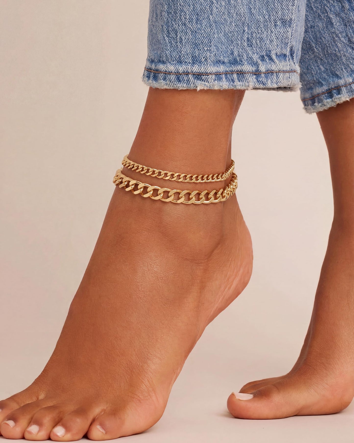 Tewiky Waterproof Ankle Bracelets for Women,Chunky Layered Gold Anklet for Women Non Tarnish Adjustable Cuban Set Stackable Summer Beach Jewelry Gift