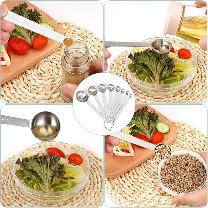 Upgrade 9 PCS Stainless Steel Measuring Spoons Set, Small Tablespoon, Teaspoons, Set 8 with Bonus Leveler for Dry and Liquid, Fits in Spice Jars, 1/32 1/16 1/8 1/4 1/2 1 tsp, 1/2 1 tbsp