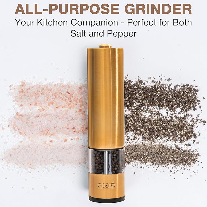 Eparé Brass Salt and Pepper Mill - Battery Operated Gold Pepper Grinder with Ceramic Burr - Automatic Steel Peppermills With LED Light - Gold or Brass Color