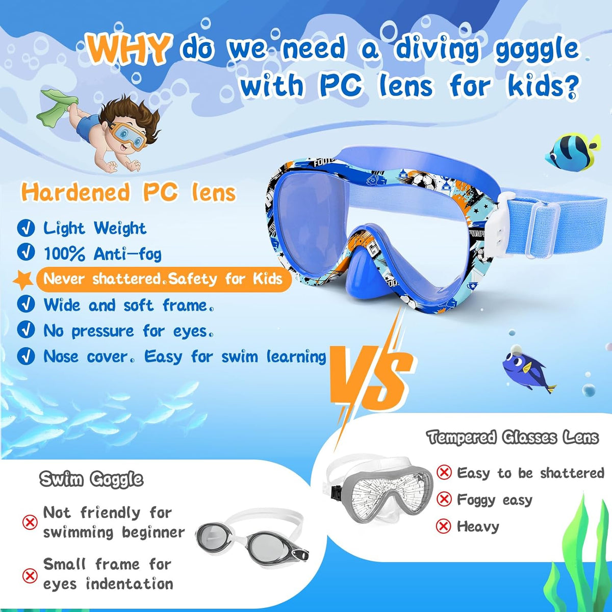 Kids Swim Goggles 180° Snorkel Diving Mask with Nose Cover, Anti-Fog Kids Swimming Goggles with Elastic Fabric Strap for Kids Boys Girls