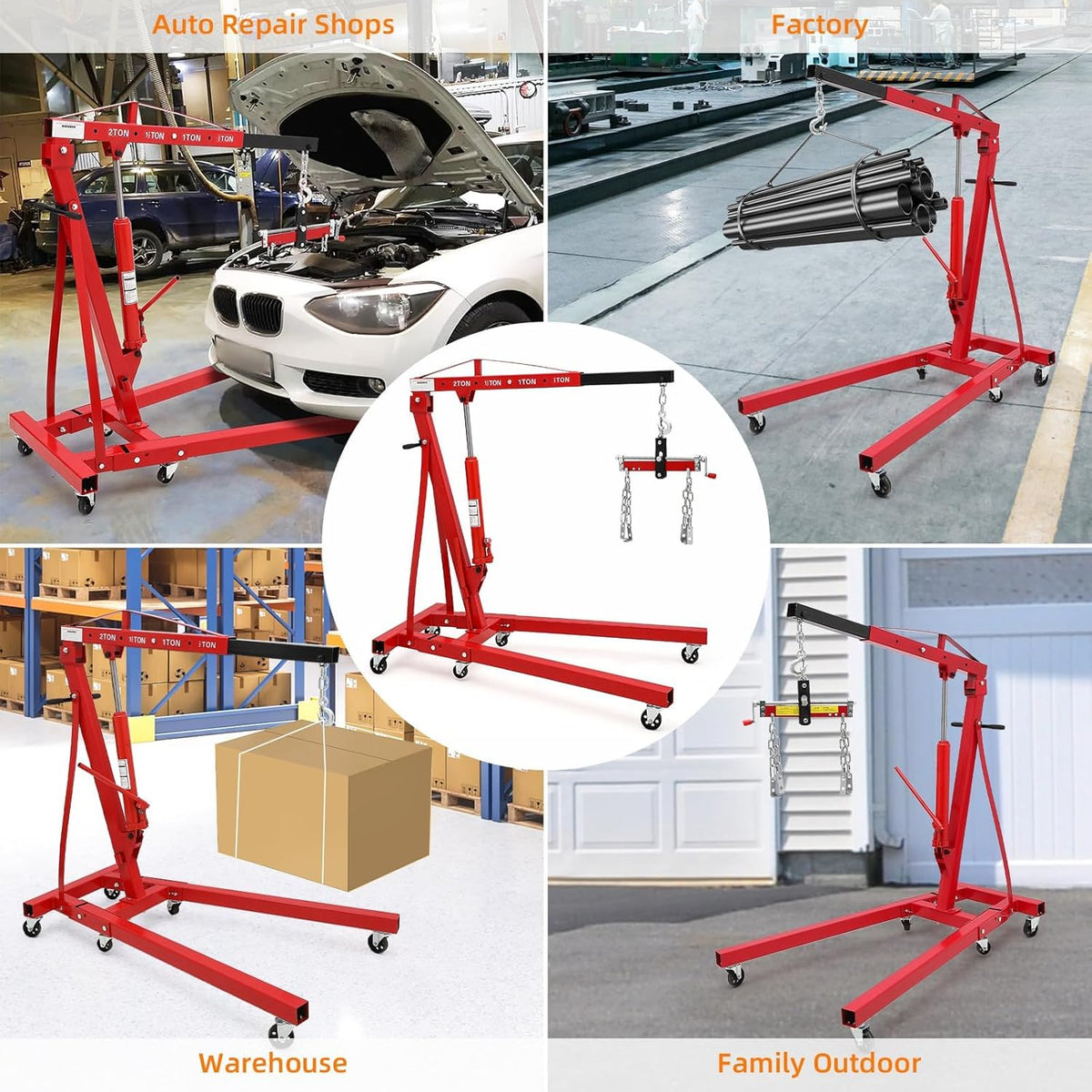 2 Ton Engine Hoist, Folding Cherry Picker Engine Hoist with Lever and 6 Casters, Heavy Duty Hydraulic Shop Crane, Engine Crane Lifter for Workshops Garage Warehouse, Red