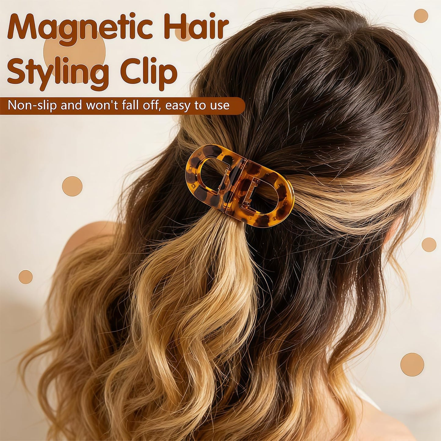 2PCS Magnetic Brown Hair Clips for Women, Brown Leopard Print Strong Hold Non Slip Claw Clips, Seamless 2-in-1 Quick Snap Design, Creaseless Non-Dent Hair Styling Tools Claw Clips for Women