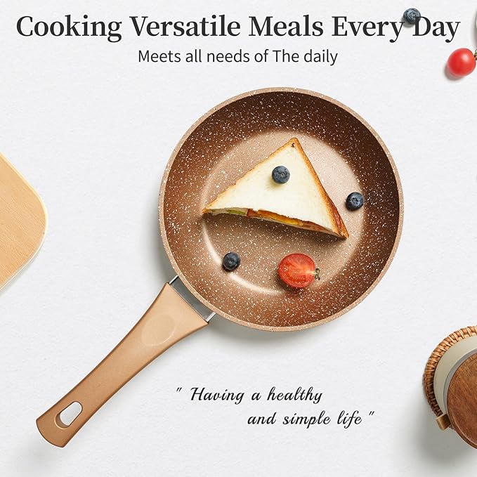 Innwewell Non Stick Frying Pan - Granite Stone Non Stick Skillet Frying Pans, Safe&No Toxic Egg Omelette Frying Pan, Small Nonstick Cookware Cooking Pan, Induction Compatible, PFOA Free(8inch, Gold)