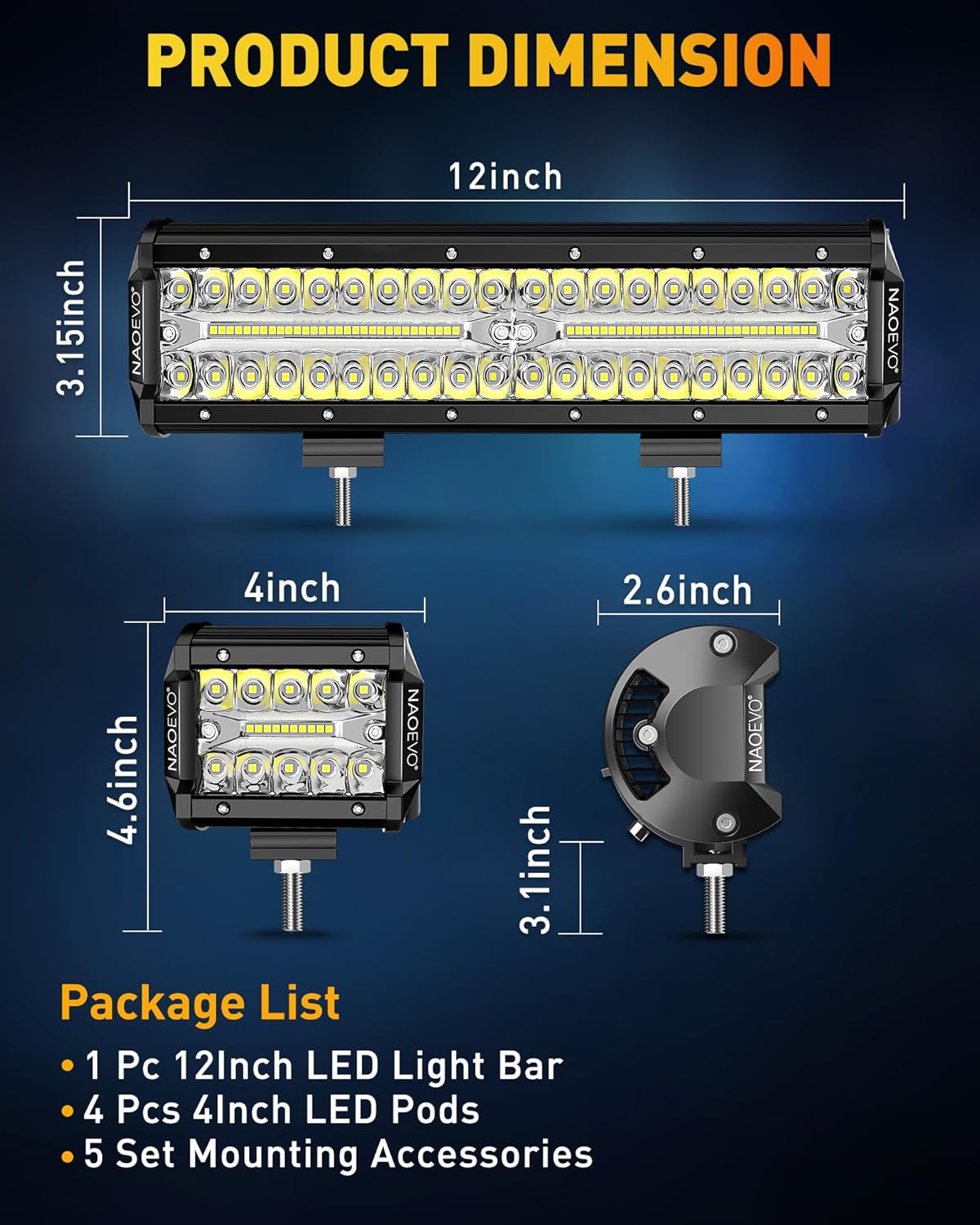 NAOEVO 12 Inch LED Light Bar and 4PCS 4 Inch LED Pod Lights, 54000LM LED Fog/Driving/Off Road Lights, Triple Row Spot Flood Combo LED Light Bar for Truck Car UTV ATV Boat, 1 Year Warranty