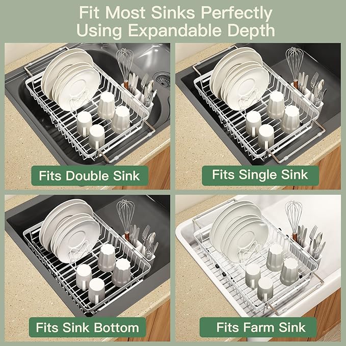 MAJALiS Dish Drying Rack Over The Sink, Expandable Stainless Steel Dish Drainer for Small Kitchen Counter Space Saving, RV Compact Plate Strainer in White Metal with Hanging Adjustable Utensil Holder