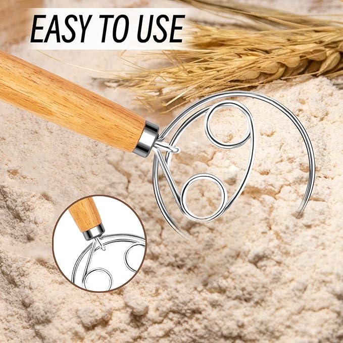 Danish Dough Whisk Stainless Steel Wooden Handle for Sourdough Bread Pizza and Pastry Making