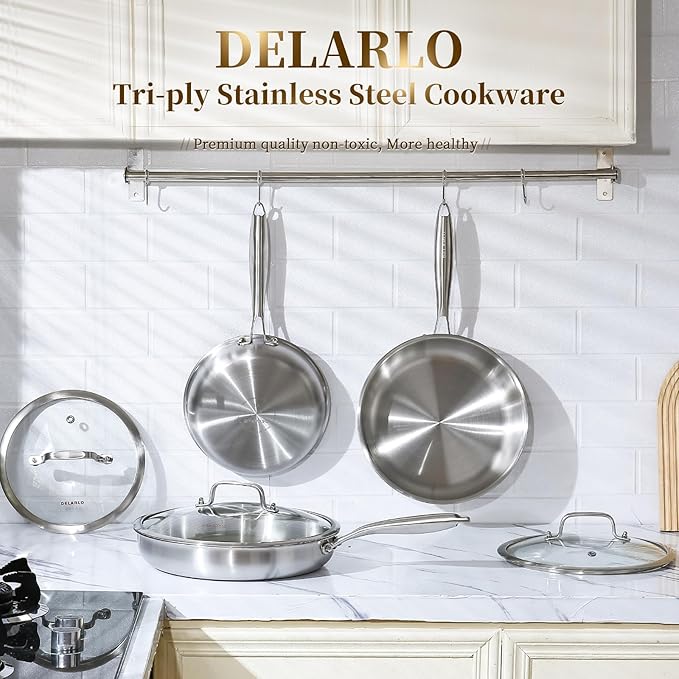 DELARLO Tri-Ply Stainless Steel Pan, 18/10 Frying Pan, Oven Safe Up to 600°F, Nontoxic Cookware, Compatible with All Cooktops Skillet, Durable, Fast Even Heat Fry Pan,9+11 inch Pan