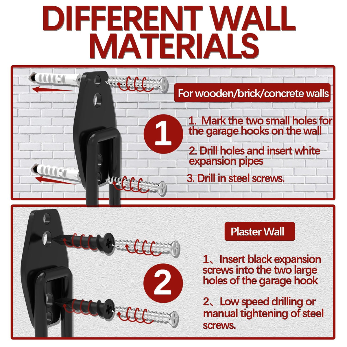 3-H Garage Wall Hooks 42 Pack, Heavy Duty Garage Hooks with Extra Welding Spots, Wall Mount Storage Organizer for Hanging Garden Lawn Tools, Ladder, Bike, WeedEater, Chair, Shovel, Blower (Red)