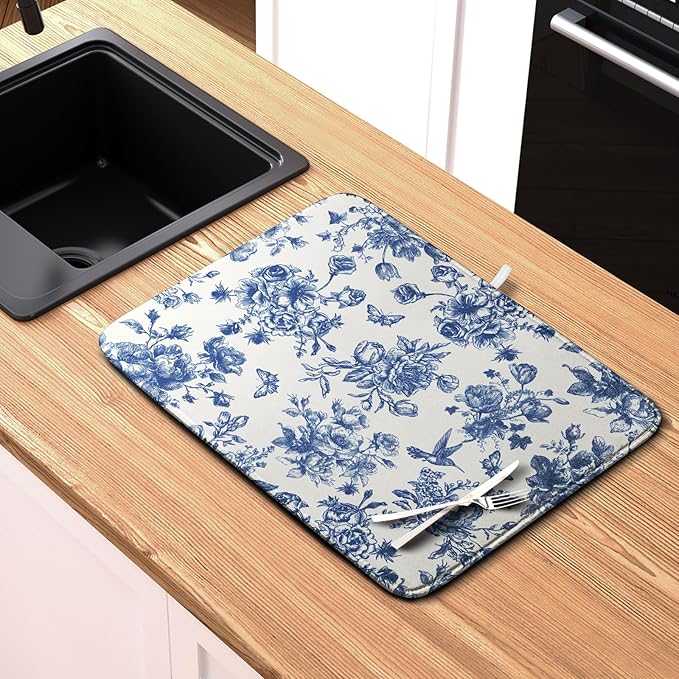 Dish Drying Mat for Kitchen Counter Blue and White Floral Drying Mats Chinoiserie Vintage Flowers Dish Drying Pad for Dishes Microfiber Absorbent Dish Drainer Rack Mat for Countertop 16x18 Inch