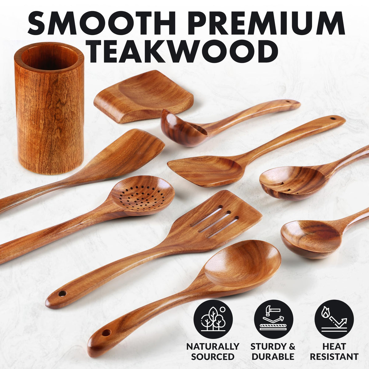 Zulay Kitchen 10-Piece Wooden Spoons for Cooking - Smooth Finish Teak Wooden Utensils for Cooking - Soft Comfort-Grip Wood Spoons for Cooking - Non-Stick Wooden Cooking Utensils - Wooden Spoon Sets