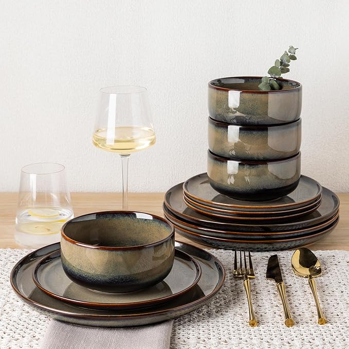 TheTerra Ceramic Dinnerware Sets for 6, 18 Pieces Handmade Reactive Glaze Plates and Bowls Set, Scratch Resistant Dish Set, Oven & Microwave & Dishwasher Safe, Coca Mocha