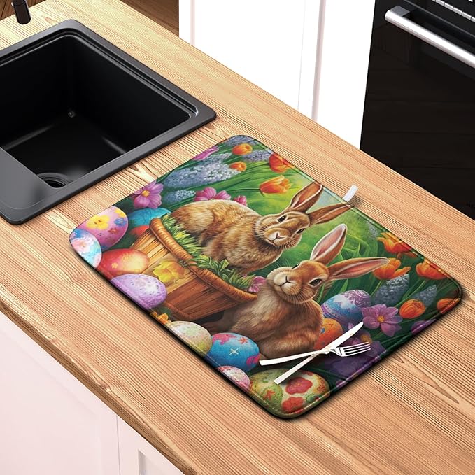 Easter Bunny Eggs Dish Drying Mat for Kitchen Counter, Tulip Floral Flower Drying Mat Spring Summer Holiday Dish Mat Drying Kitchen Mat Absorbent Kitchen Drying Mat for Sink 18x24Inch