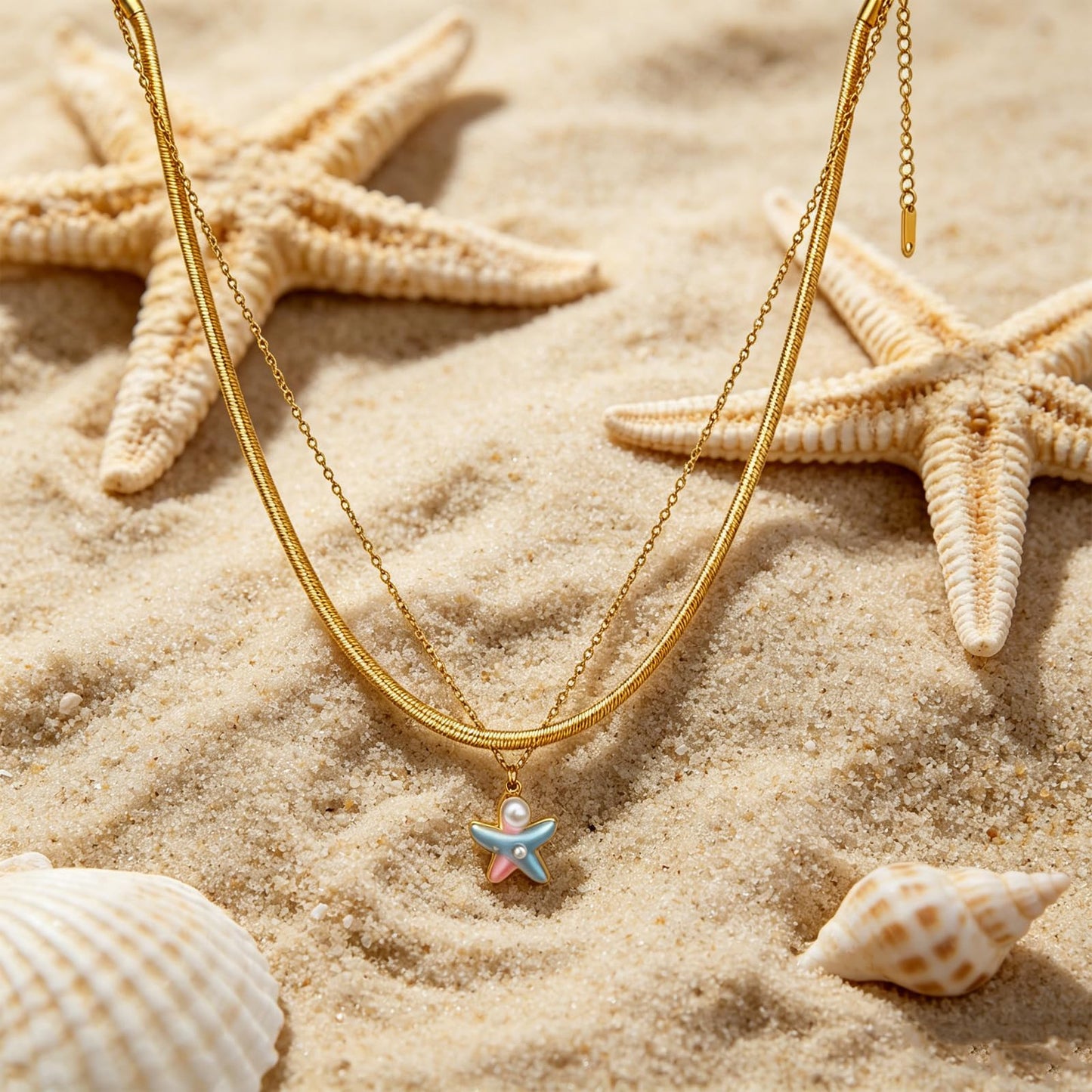 Layered Gold Shell Starfish Necklace for Women Blue Starfish Shell Pendant Necklace Vintage Stainless Steel Pearl Snake Chain Necklace Summer Beach Jewelry Gifts (Starfishs)