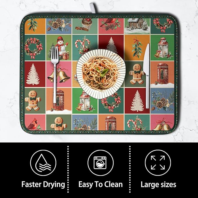 Christmas Dish Drying Mats for Kitchen Counter Cute Xmas Holiday Dish Drainer Pad Microfiber Absorbent Winter Dish Draining Mat Washable Dish Drainer Rack Mat Extra Large 18x24 Inch