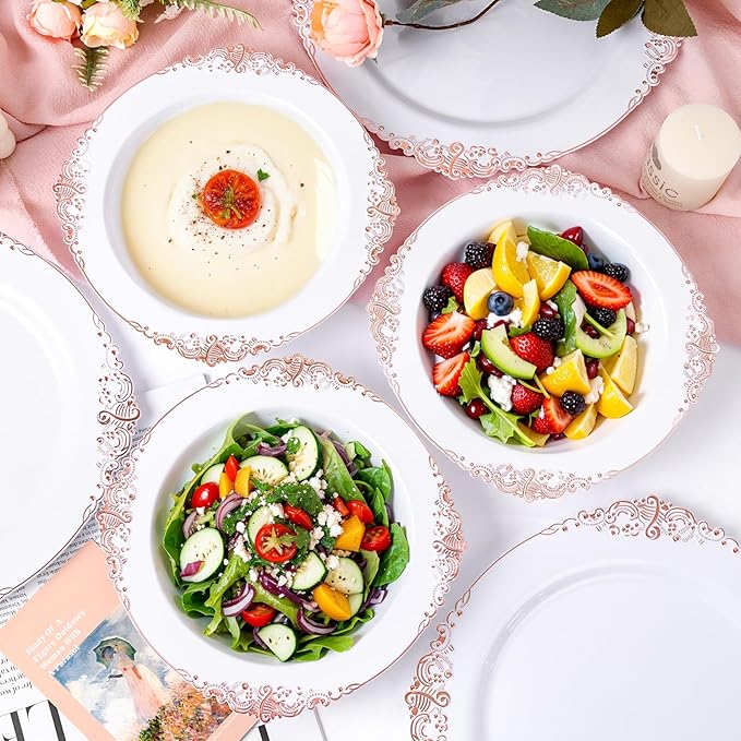 100PCS Rose Gold Plastic Bowls - 12 oz Disposable Salad Bowls - Heavy Duty Disposable Soup Bowl - Fancy Plastic Ice Cream Bowl for Weddings Parties Catering Picnics