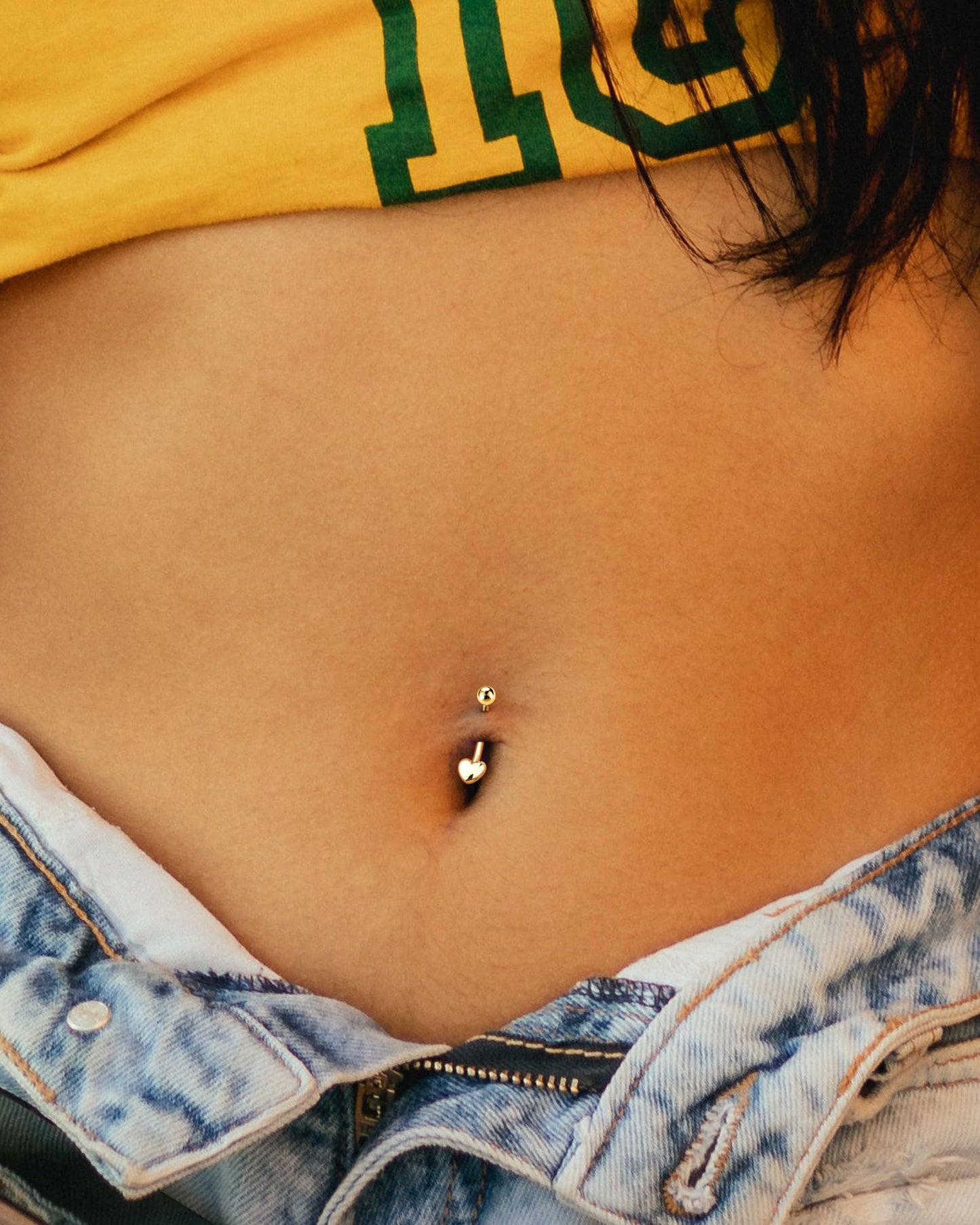 Melighting 9K Solid Gold Belly Button Ring With Heart and Clear CZ - 14G Navel Piercing Jewelry for Women