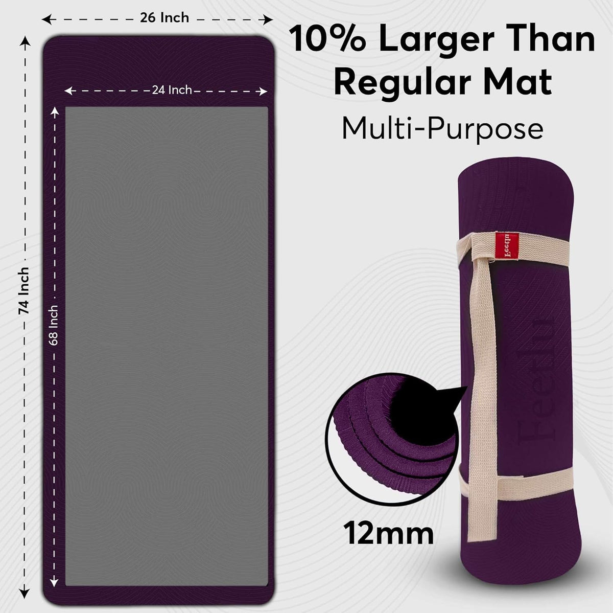 Extra Thick 12mm Exercise Mat – Non-Slip, Joint-Friendly & Cushioned Fitness Mat for Yoga, Pilates & Floor Workouts – Durable, Supportive & Includes Feetlu Classic Strap