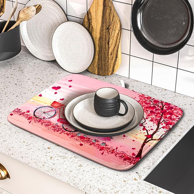 Pink Heart Valentine's Day Gnomes Dish Drying Mat for Kitchen Counter,Pink Bicycle Love Tree Drying Mat 16 x 18 Inch with Absorbent Reversible Microfiber Dish Drying Pad Dish Rack Pad for Coffee Bar