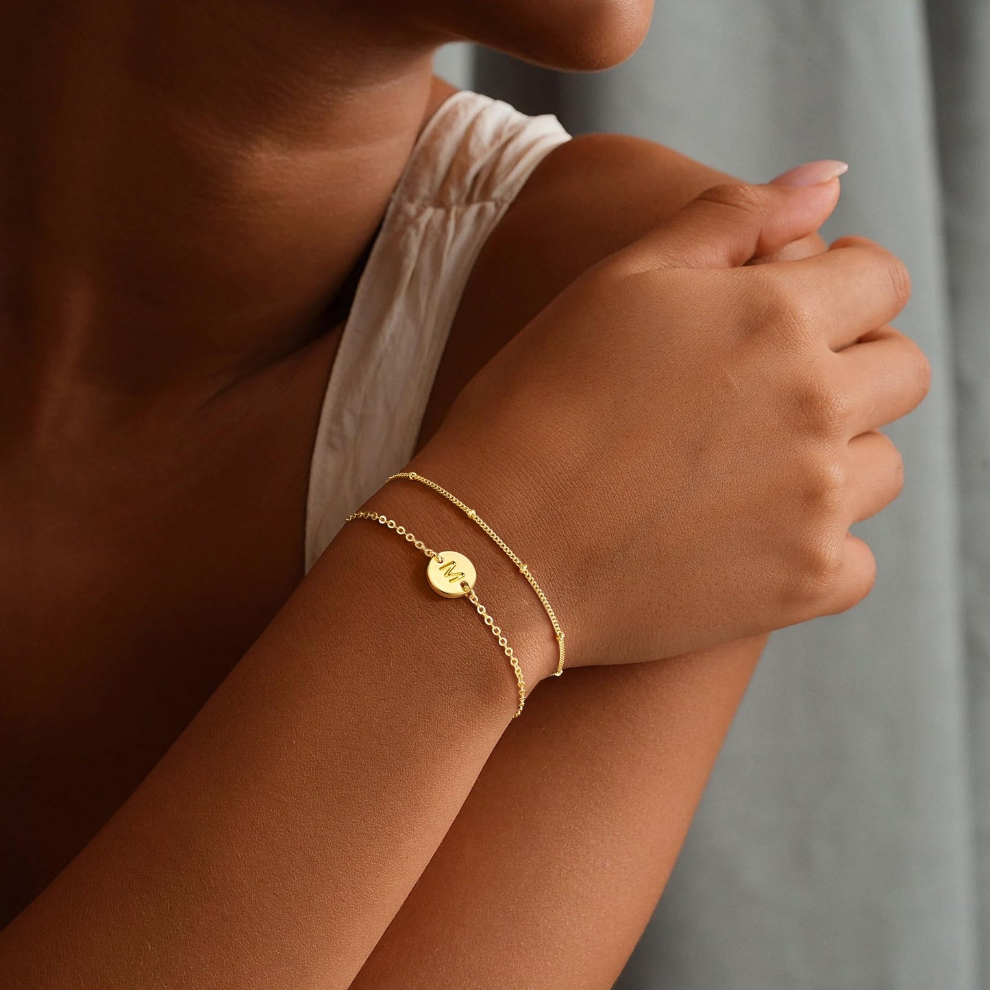 MONOZO Gold Initial Bracelets for Women Jewelry Gifts Trendy, Dainty 14K Gold Plated Layered Beaded M Letter Initial Bracelet Personalized Disc Monogram Charm Bracelets for Women Her Birthday Gifts