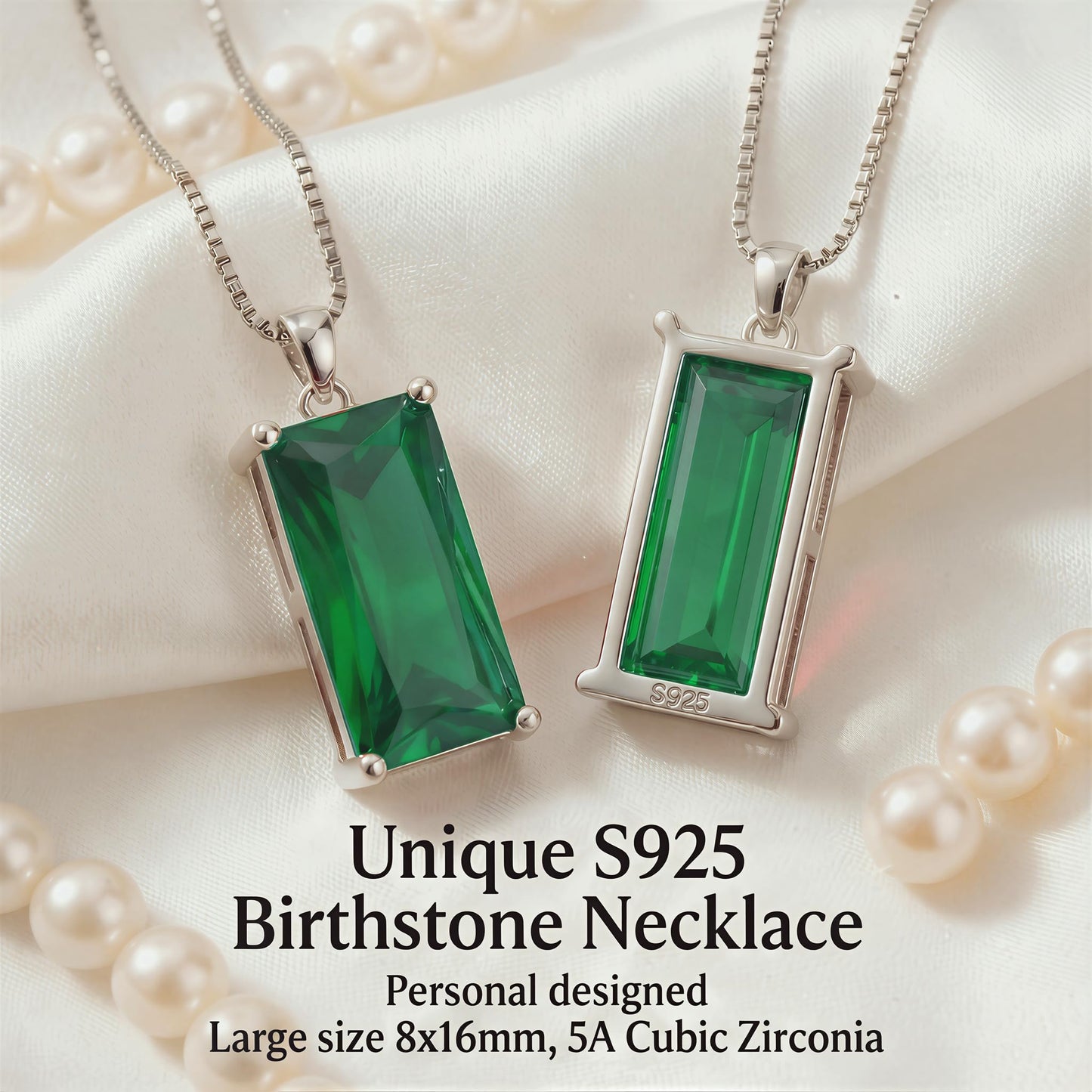 Kuschelkatze 8mm x 16mm Square May Birthstone Emerald Pendant Necklace – Fashion charming Sterling Silver Gift for women