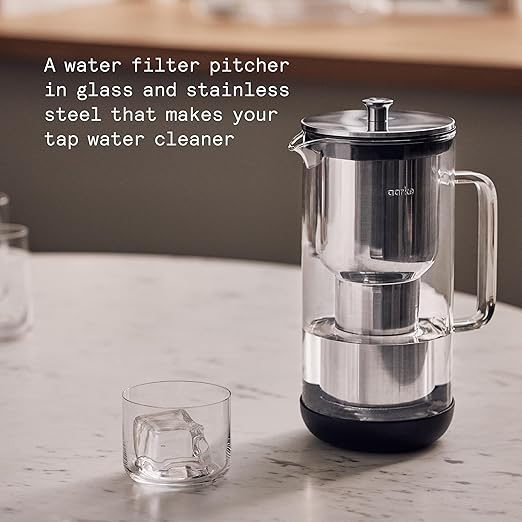 Aarke Purifier - Premium Glass and Stainless Steel Water Filter Pitcher, Refillable Filter System and Granules, 2.4L Pitcher with 1.18L Filtration Capacity