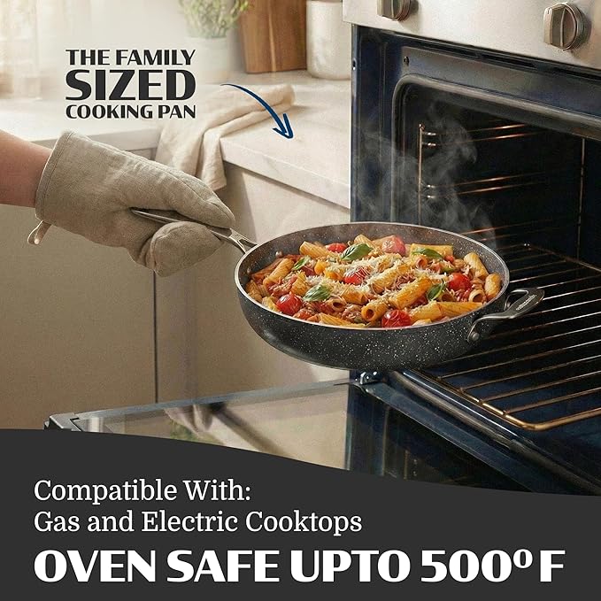 Granitestone Ceraluxe 14 Inch Frying Pan with Lid, Family Sized Large Frying Pan Skillet with Ceramic Nonstick Coating, Non Toxic PFOA Free, Oven and Dishwasher Safe - Black