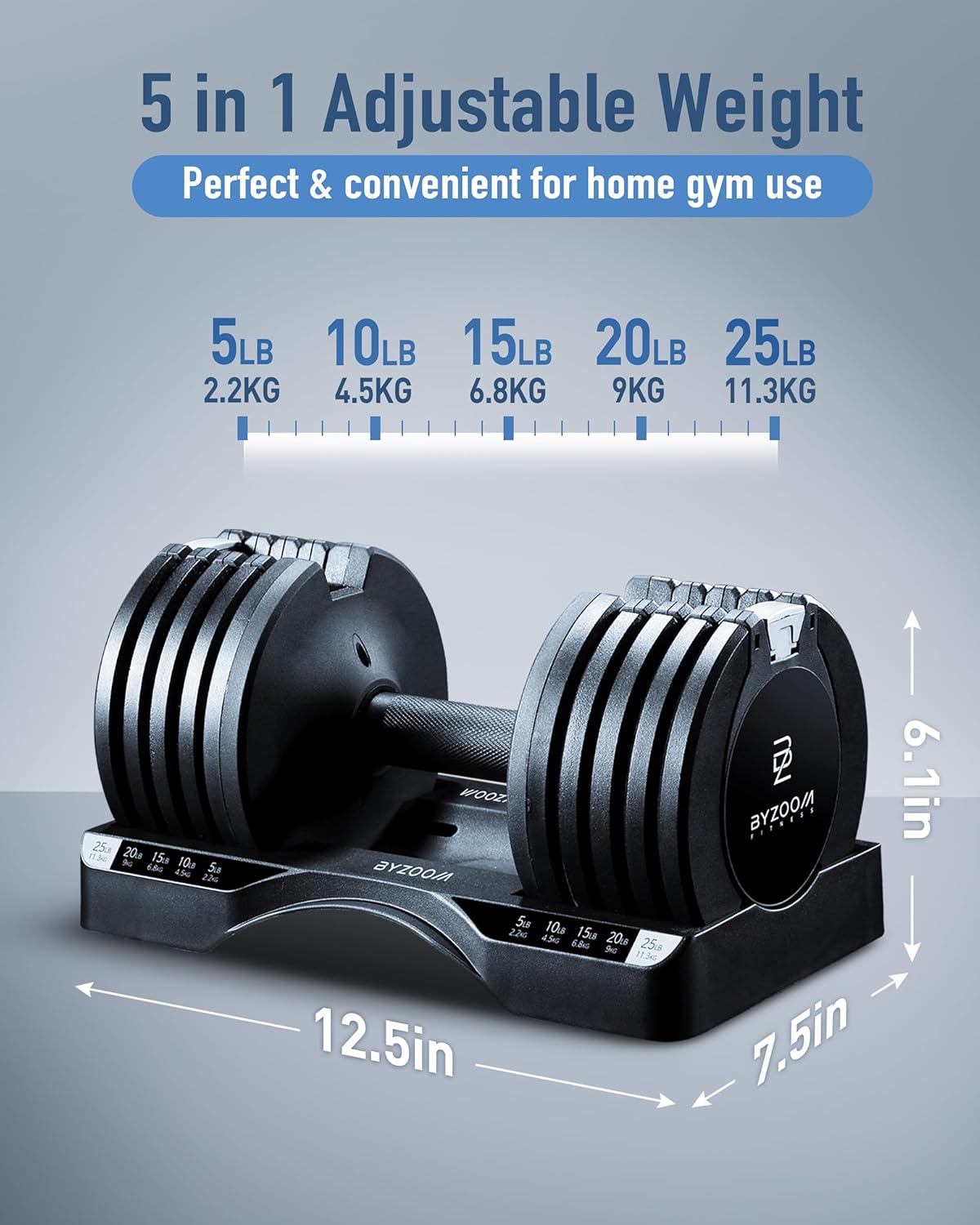 Adjustable Dumbbell – 12.5/25lb Single Unit OR Set of 2 – 5-in-1 Adjustable Weight for Home Gym, Strength Training & Fitness Workouts, White OR Black