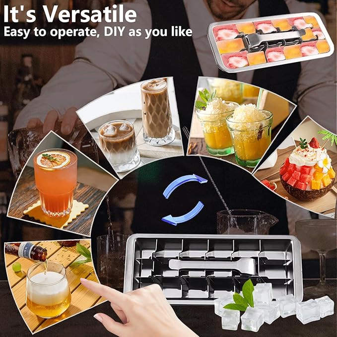 Stainless Steel Ice Cube Trays, Metal Ice Cube Trays for Freezer Vintage Inspired Design with Release Lever Remove Handle for Making Large Cubes Kitchen & Bar (1pcs)