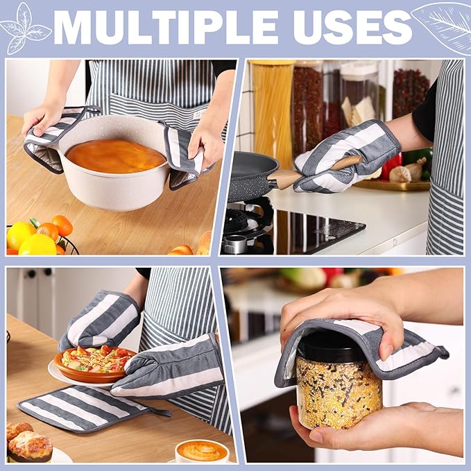 Reallnaive Oven Mitts and Pot Holders 4 Pcs Set for Kitchen, Stripe Cotton Oven Mitten Gloves Hot Pads Heat Resistant 500°f Outdoor Indoor Garden Baking Cooking BBQ Gift Hanging Loop, Beige (Gray)