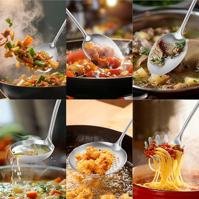 Izurok 18/10 Stainless Steel Kitchen Utensils Set,6 Piece Cooking Utensils With Wood Handle,Heat Resistant Kitchen Tool Set With Spatula, Spoon, Ladle, Skimmer, Slotted Spoon, Pasta