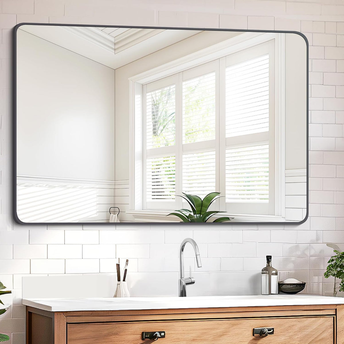 FORBATH Black Bathroom Mirror, Rectangular Vanity Mirror 26" X 38" Wall Mounted Rounded Corner Farmhouse Metal Framed Bath Mirror for Living Room Bedroom Entryway Decor, Hangs Horizontal or Vertical
