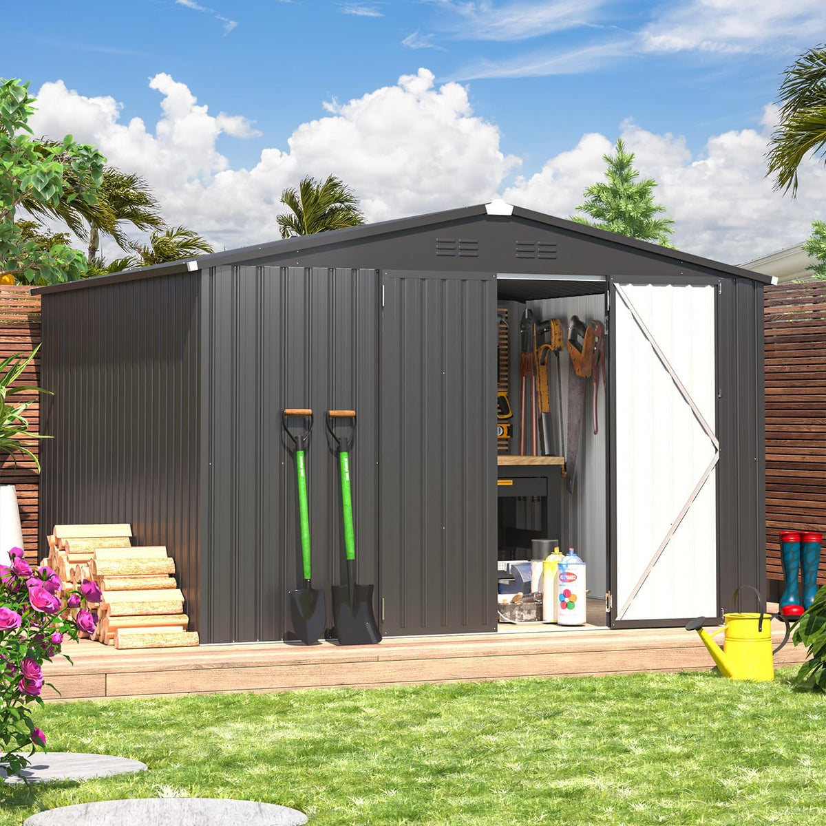 AECOJOY 10' x 8' Shed, Outdoor Metal Storage Shed, Dark Grey Sheds & Outdoor Storage 8x10 Clearance, Steel Yard Shed with Lockable Doors, Utility and Tool Storage for Garden, Backyard, Patio, Outside