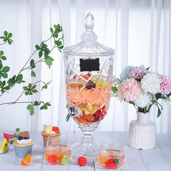Zhehao 2 Pcs Drink Dispensers for Parties 0.8 Gallon Glass Beverage Dispenser Clear Vintage Crystal Beverage Dispenser with Spigot and 2 Wooden Chalkboard Wide Mouth Beverage Server for Bar Home