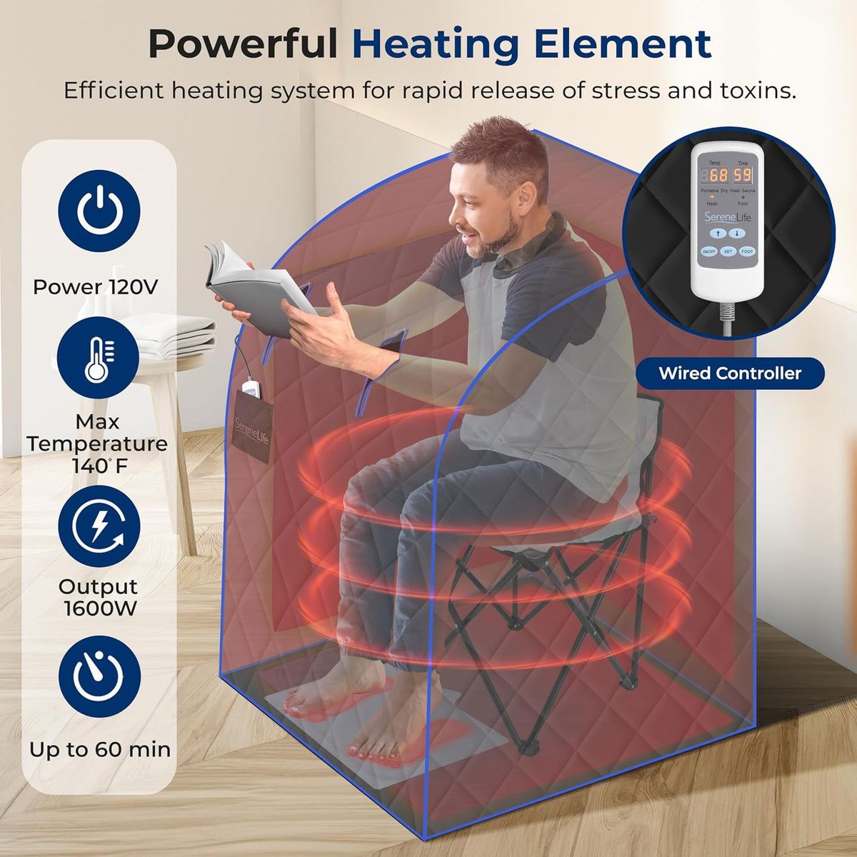 SereneLife Compact & Portable Infrared Steam Sauna, Personal Spa Style Sauna for at-Home Relaxation and Rejuvenation, Easy Access Sit-in Design, Foldable Chair, Energy Efficient, Foot Pad Heating Mat