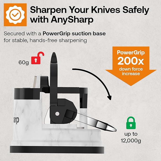 AnySharp – Editions – Hands Free Knife Sharpener - Easy to Use Sharpening Tool w/PowerGrip Suction Base and 20-Degree Pre-Set Angle - for All Knives: Chef's, Serrated, Hardened Steel - White Marble