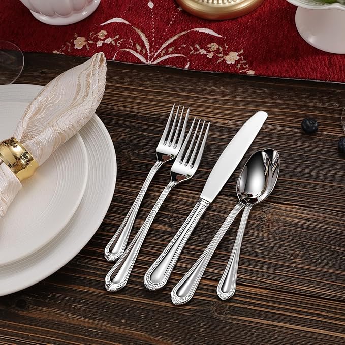 KEAWELL Pearl Edge Premium 20-Piece Refined Bead Silverware Set, 18/10 Stainless Steel, Service for 4, Fine Flatware Set, Dishwasher Safe (20, Silver)