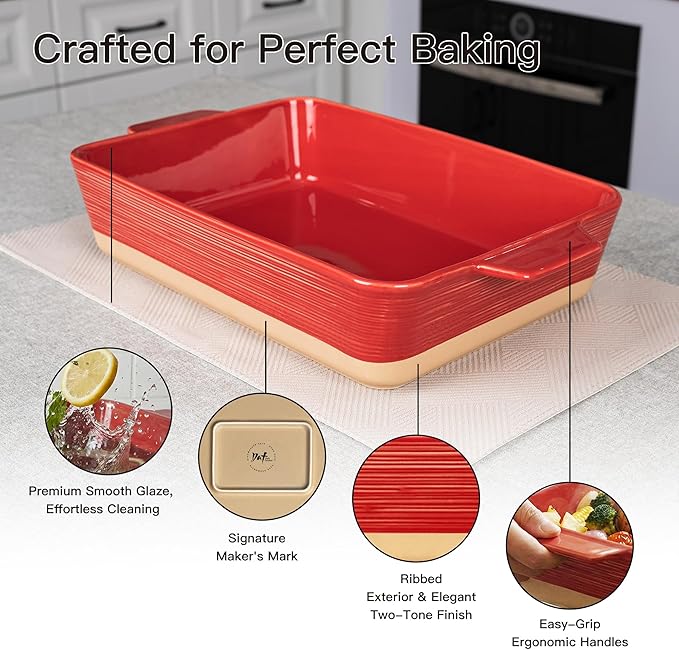 Dafuceramic Casserole Dish for Oven, 4.2 QT Baking Dish, 9x13 Large Porcelain Baking Pan, Durable Rectangular Lasagna Pan Deep with Handles, Microwave Oven Safe, Home Decor, Wedding Gift,(Khaki & Red)