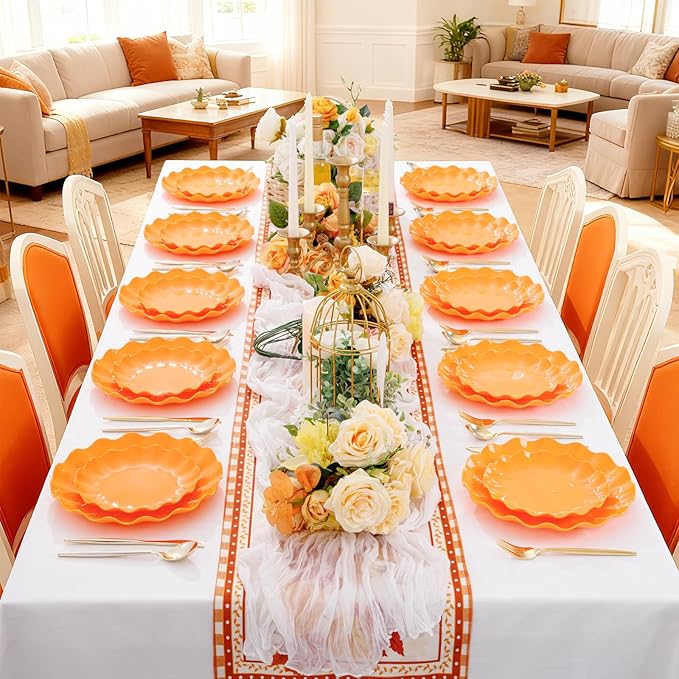 LIYH 50 Pcs Heavy Duty Thanksgiving Plates Orange Scalloped Plastic Plates Reusable Unbreakable Halloween Plastic Plate for Thanksgiving & Halloween Day, Dishwasher Safe BPA Free (25Guests)