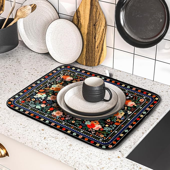 Black Flowers Dish Drying Pad Boho Floral Washable Microfiber Kitchen Mat for Home Decor