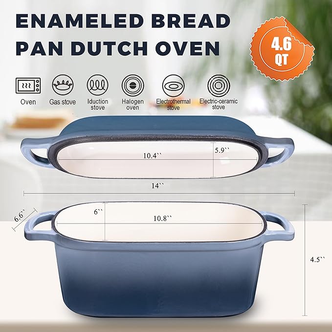 4.6 Quart Dutch Oven for Sourdough Bread Baking, Combo Oval Enameled Cast Iron Bread Pan with Lid, Bread Dutch Oven for a Crispy Crust, Seasalt