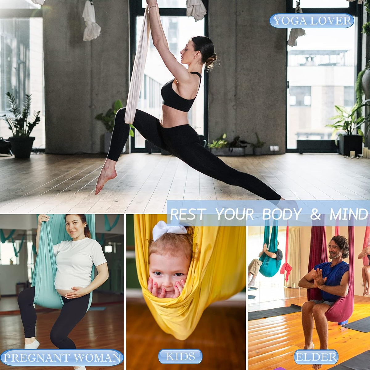 5.5 Yards Aerial Silks Yoga Swing Set - Aerial Yoga Hammock Kit Anti-Gravity Flying for Fitness, Low/Non Stretch Nylon Tricot Fabric Hardware Included for Dance