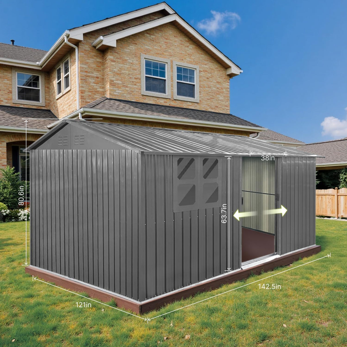 12x10 Ft Storage Shed Outdoor, XL Permanent Steel Building with Window, Sliding Doors and 4 Air Vents for Backyard Garden Patio Lawn - Grey