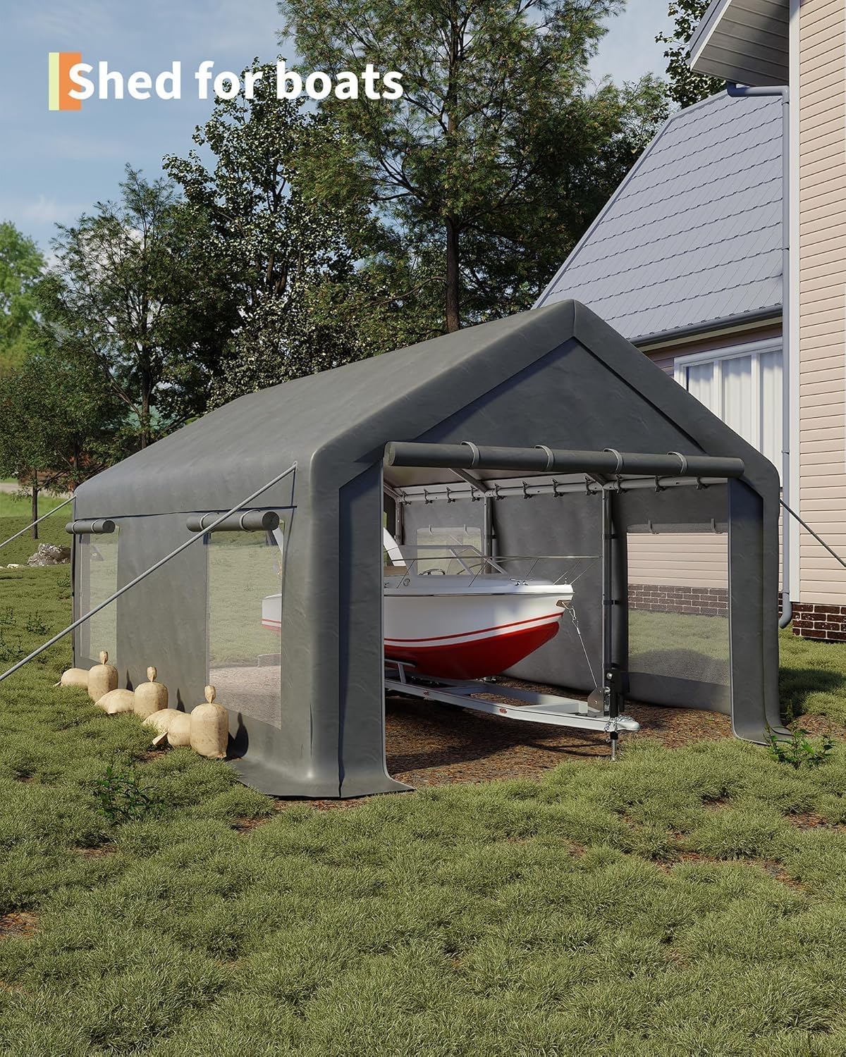 12 x 20ft Heavy-Duty Carport Canopy with Roll-Up Windows & DoorsThickened Wind Ropes, Ground Nails, Portable Car Tent Garage for Cars, Trucks, Boats, 180G Durable Tarp Cover,Grey